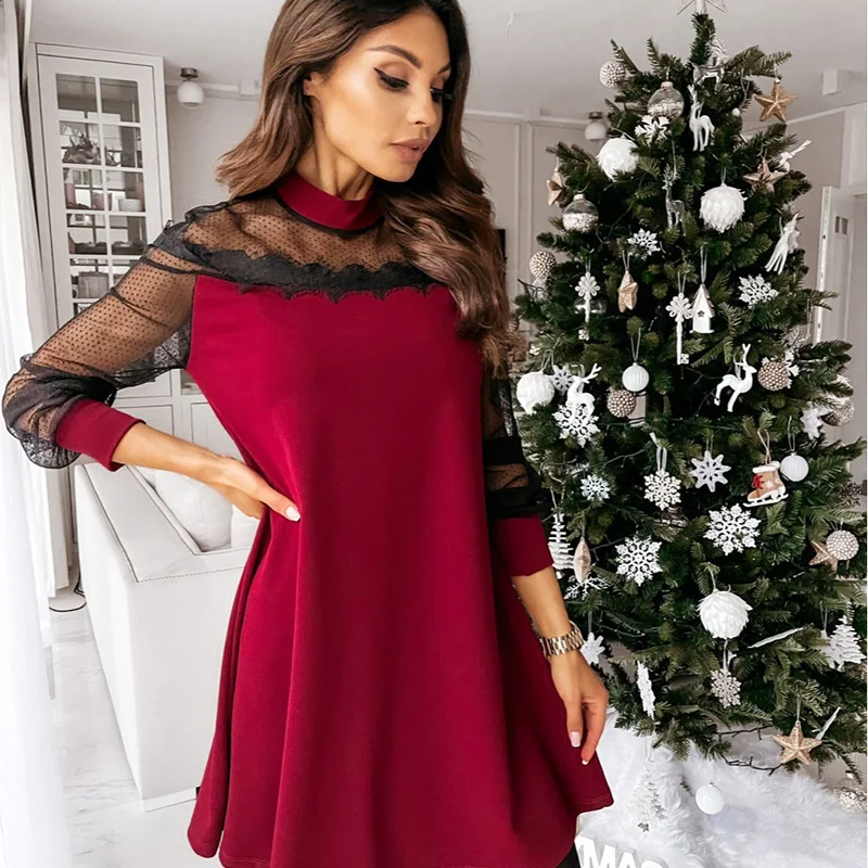 

DeRuiLaDy Spring 2021 Sexy Patchwork Lace Mini Dress Stand Collar Long Sleeved Dress Female Elegant Ladies Party Club Vestidos