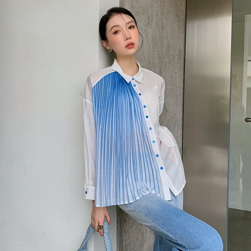

ZCSMLL Designer Blue White Patchowrk Button Up Shirt For Women Long Sleeve Pleated Top And Blouse Collared Shirt Fashion 2022