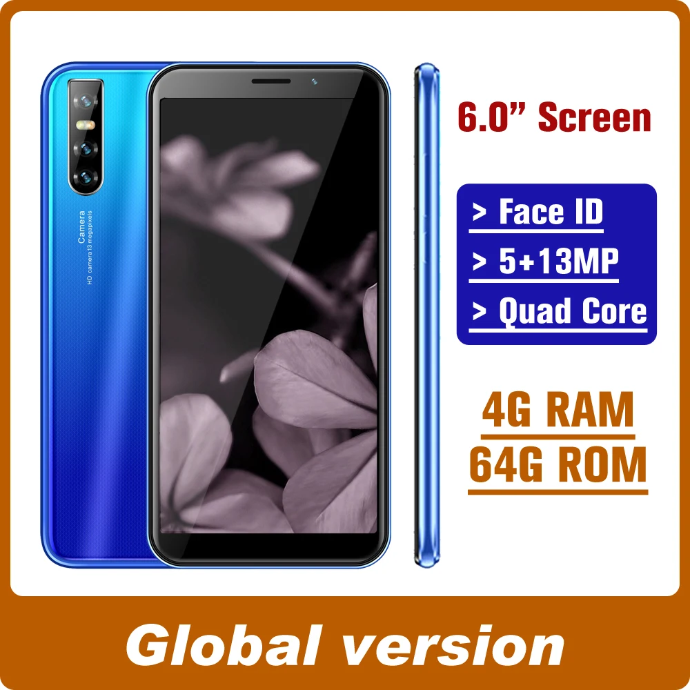 

4T Global Smartphones Quad Core Mobile Phones Android 4G RAM 64G ROM 2Sim Phone 6.0" 13MP Face Unlocked Celulares IPS Cellphones