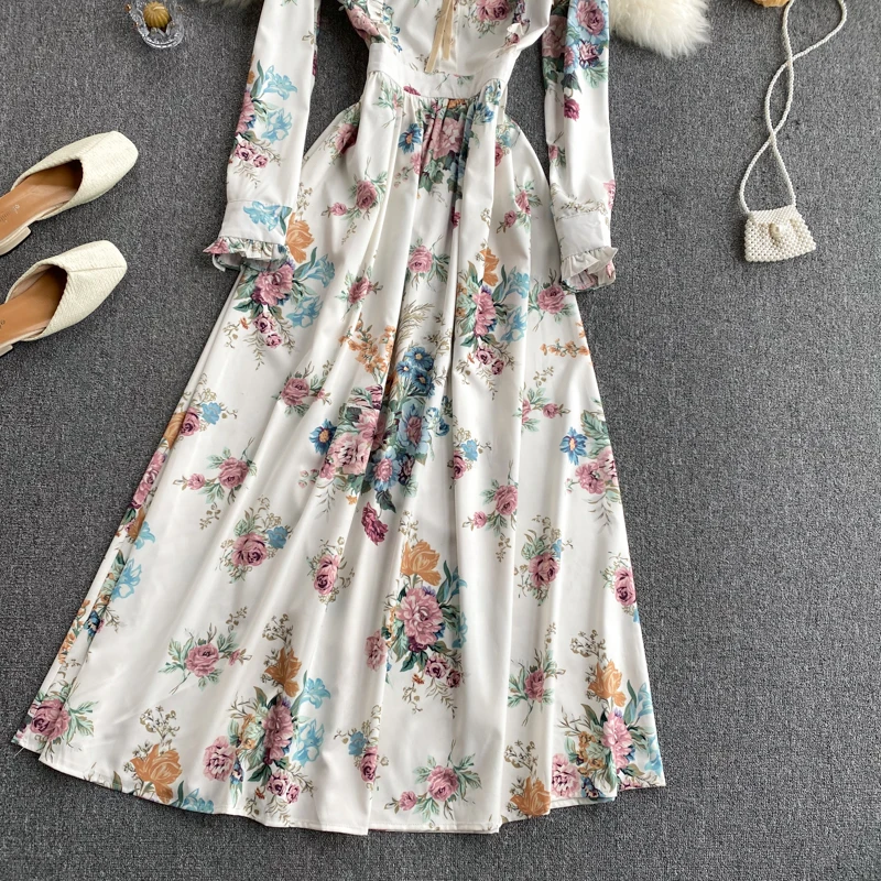 

French Print Maxi Dress Women Chic Retro Long Sleeve O Neck A-line Dresses Autumn Bohemian Casual Vacation Long Dress