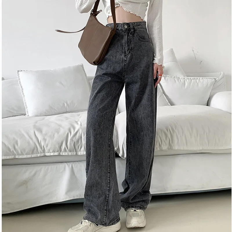 

Mulher de brim cintura alta roupas perna larga denim azul streetwear vintage qualidade 2020 moda harajuku retas