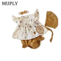 4pcs toddler baby girl clothes set ruffled print short sleeve top solid color shorts headband hat 4pcs outfits set clothes