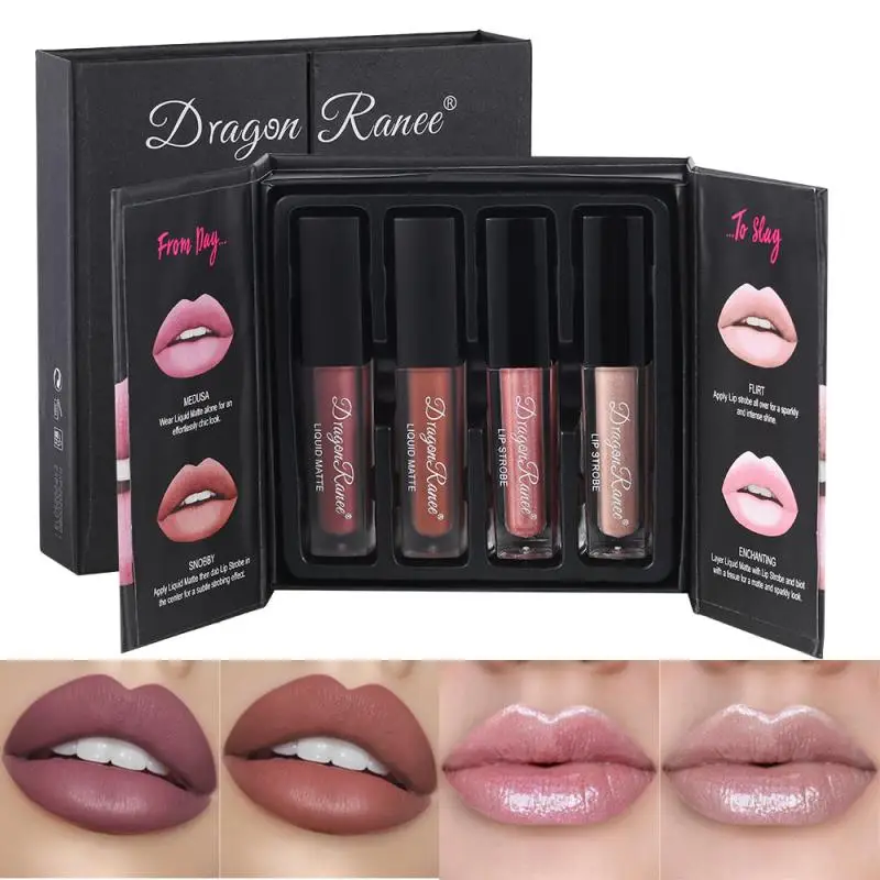 

4 Pcs/set Velvet Matte Lip Gloss Easy To Color Not Easy To Stick Cup Double-open Design Lipstick Set Box Lasting Cosmetic TSLM1