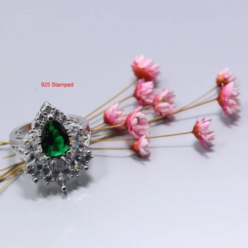 Green Ring Австрийский Кристалл с натуральным камнем зеленый CZ Ювелирные наборы из 925 пробы серебра Дубай женский свадебный костюм наборы - Окраска металла: Green Ring