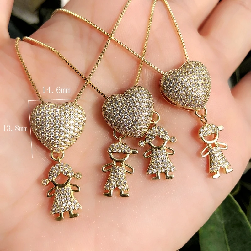 

Luxury Heart Shape Red Girl Blue Boy Kids Pendant Necklace Gold color chain Full Pave Cubic Zirconia Kids Family fashion Jewelry