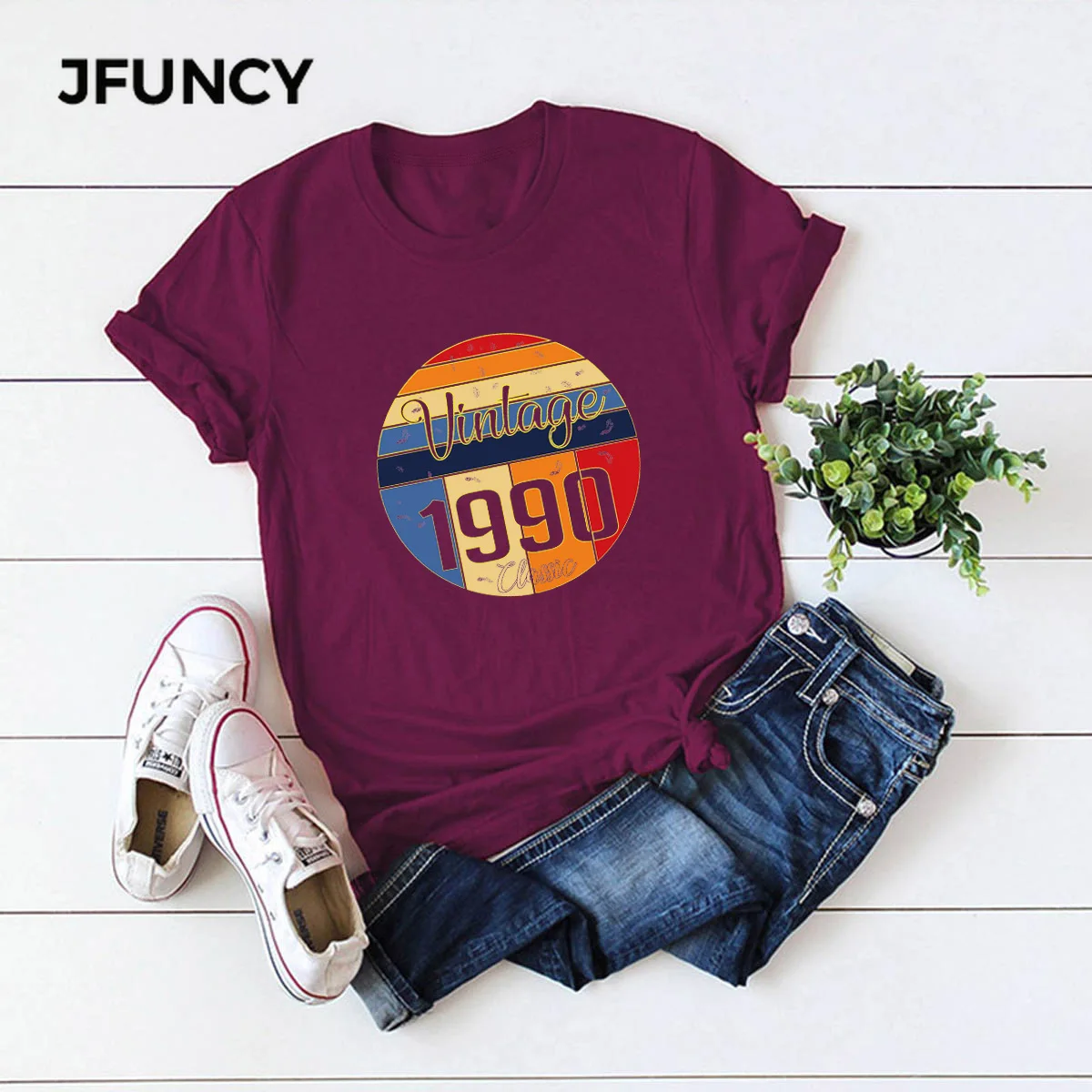 JFUNCY Vintage 1990 Print  Women T-Shirt O Neck Short Sleeve Women T Shirt 100% Cotton Summer Tees Tops