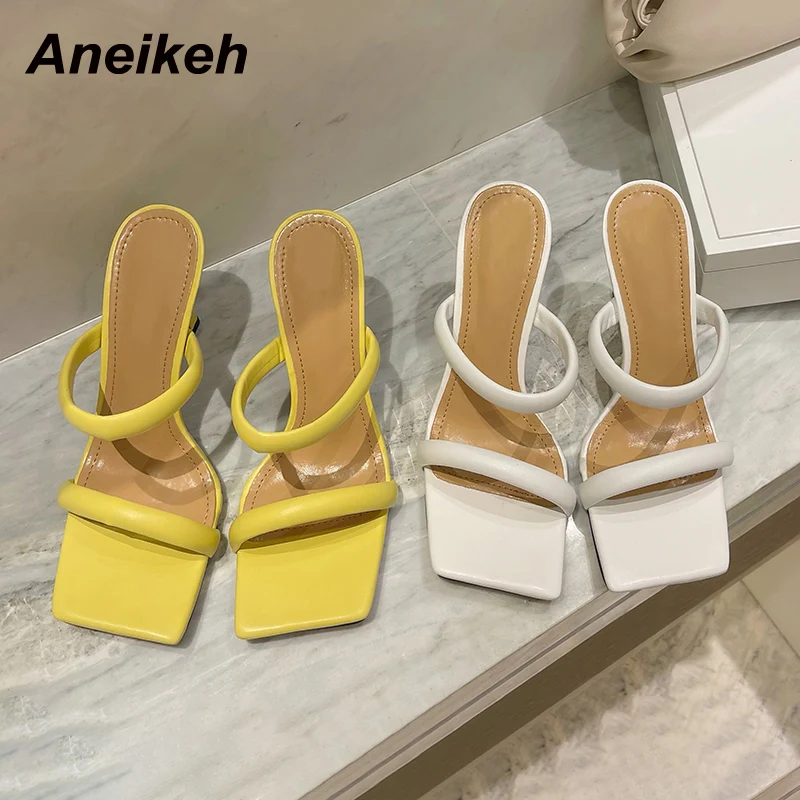 

Aneikeh 2021 Shoes For Women Summer Solid Fashion Concise Square Toe Outside Slippers Shallow High Heel Slip On Lazy Mules 35-40