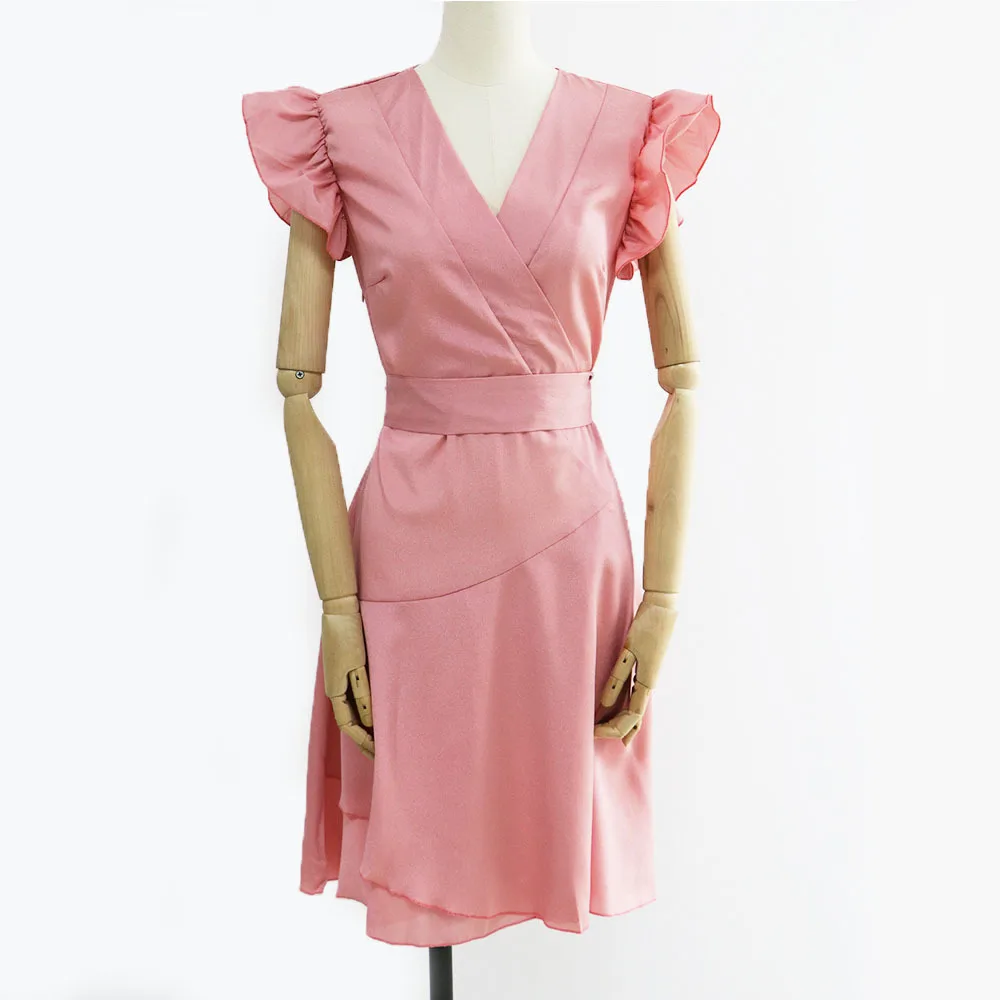 

Summer Mini Dress Women Pink Elegant Casual Office Lady Sexy Party Dresses Ruffles Short Sleeve Sashes Slim V-neck Boho Dress