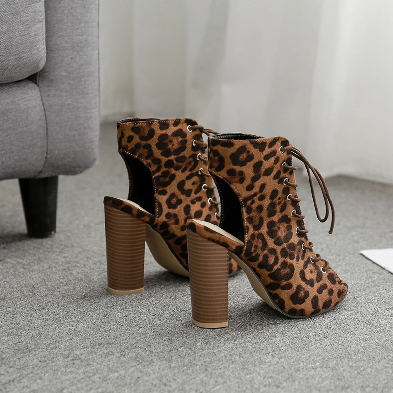 

Summer 2019 Classic Flock Leopard Grain Women Boots Shoes Square High Heels Peep Toe Hollow Out Lace-Up Dance Size 35-42