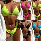 Соблазнительные бикини с эффектом пуш-ап, топ на бретелях, однотонный комплект бикини, Женский бразильский купальник с высоким вырезом, Женская пляжная одежда для плавания с низкой талией