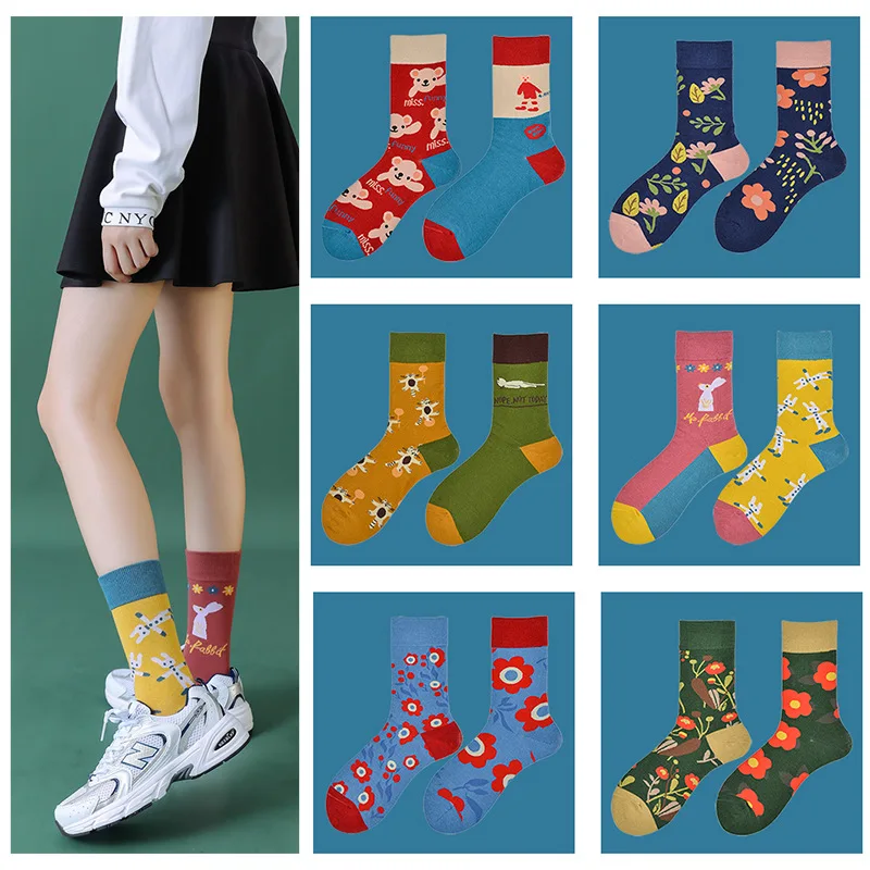 

Fashion Cotton Socks Women Men Colorful Printed Asymmetry Long Socks Ankle Unisex AB Side Funny Socks Female Calcetine mujer