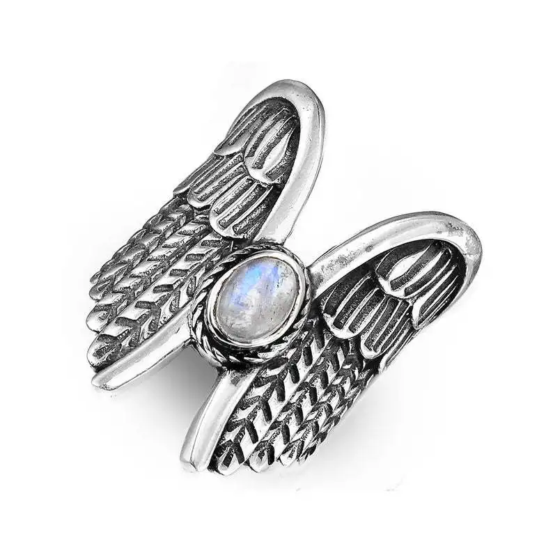 

Vintage Thai Silver Color Angel Wings Moonstone Feather Ring Womens Unique Personalized Jewelry