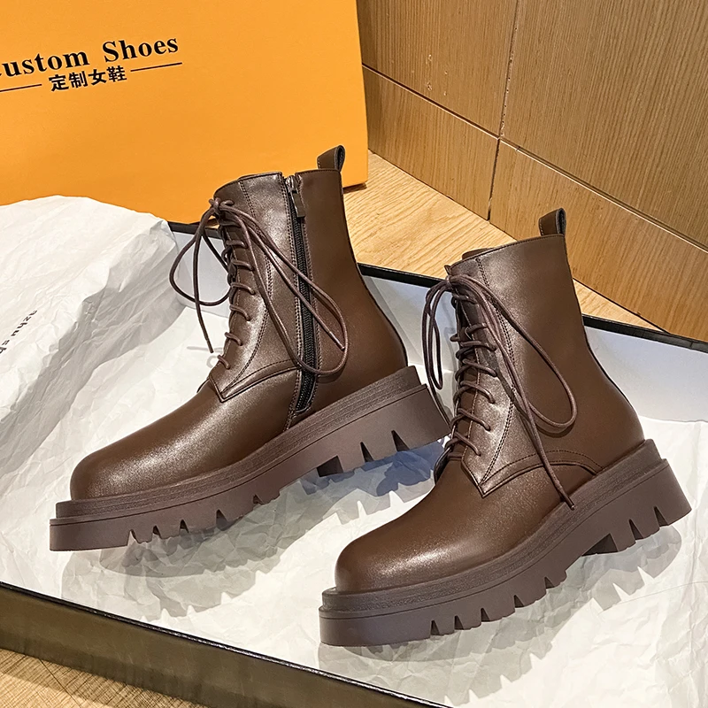 

MStacchi 2020 Autumn Winter Women Boots Plush Thick Bottom Solid Color Lace-Up Shoes Fashion Black Brown Casual Mid-calf Boots