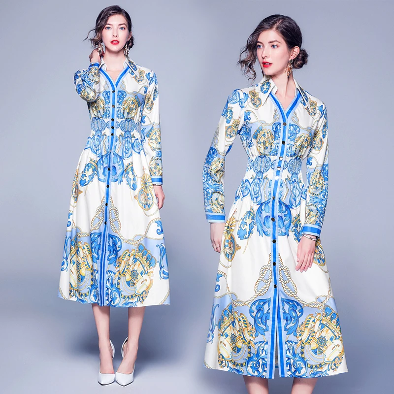 

2019 Autumn Elegant Dress Women Office Lady Loose Print Full Sleeve Dresses Appliques Mid-Calf Empire V-Neck Empire Party Dress