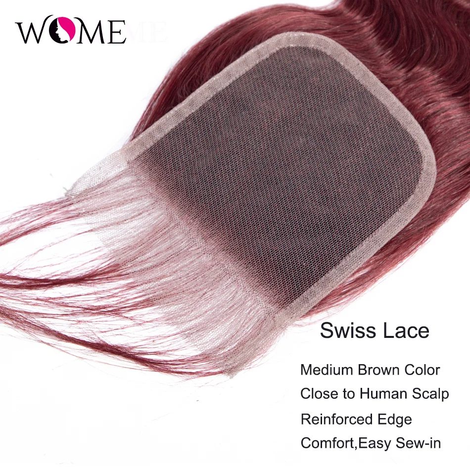 Бразильский 99j объемная волна бордовый пряди с закрытием Цветной 4x4 кружева