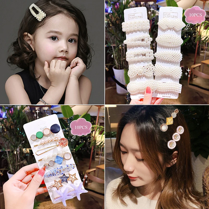 

Fashion Geometric Flower Barrettes 10Pcs/Set Handmade Pearls Hair Clips Simulated Pearl Beaded Hairpins