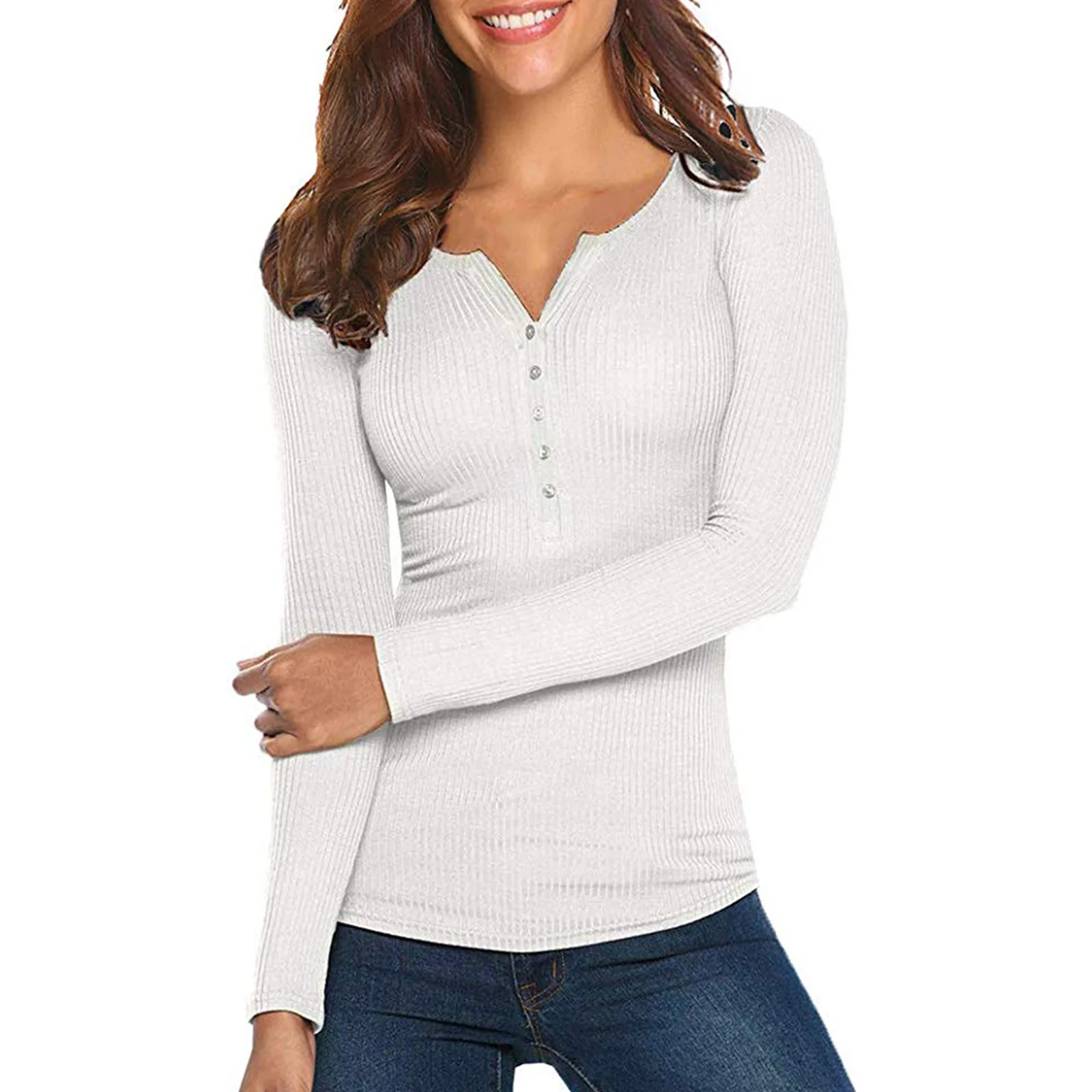 Women Spring T-Shirt, Solid Color Ribbed Henley Neck Long Sleeve Slim-fitting Pullover For Girls, 7 Colors 2021 New Fashion