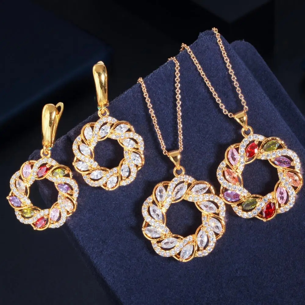 Фото CWWZircons Роскошный комплект украшений из кубического циркония: ожерелье и серьги с разноцветными камнями, в стиле Дубай/Индия, золотой, для женщин, для вечеринок, T470 №5