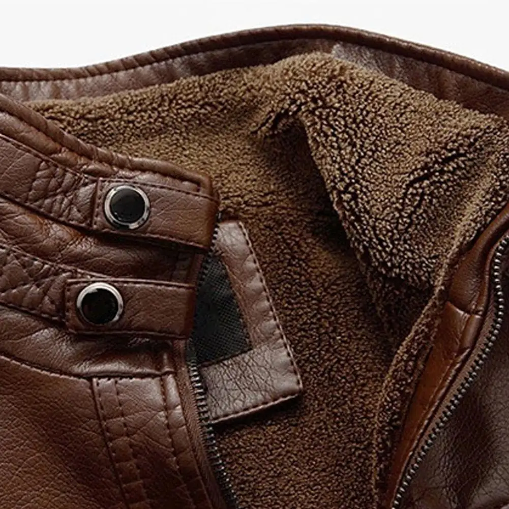 Men Winter Jacket Faux Leather Long Sleeve Stand Collar Fleece Lined Zip Warm Short Casual Jacket  Keep Warm мужская куртка