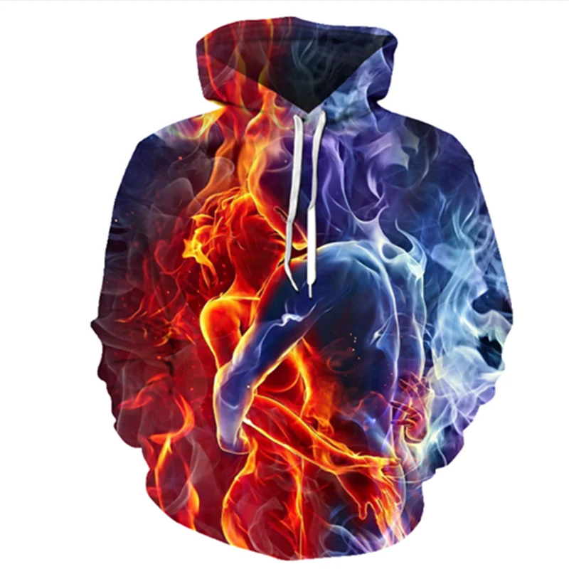 

Red and blue flame element men's 3D hooded sweatshirt, casual sportswear with flame print for men and women