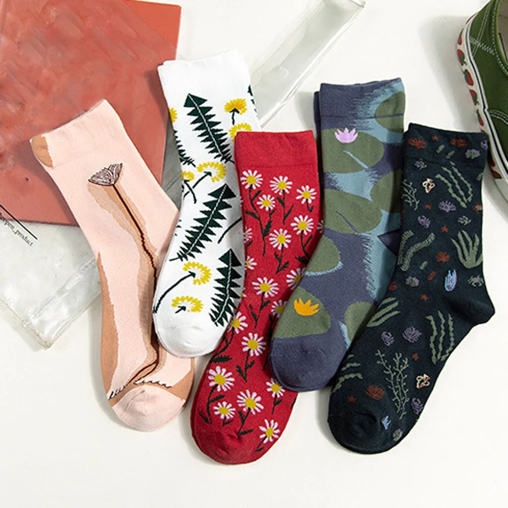 Женские модные теплые хлопковые носки средней длины с цветочным принтом и