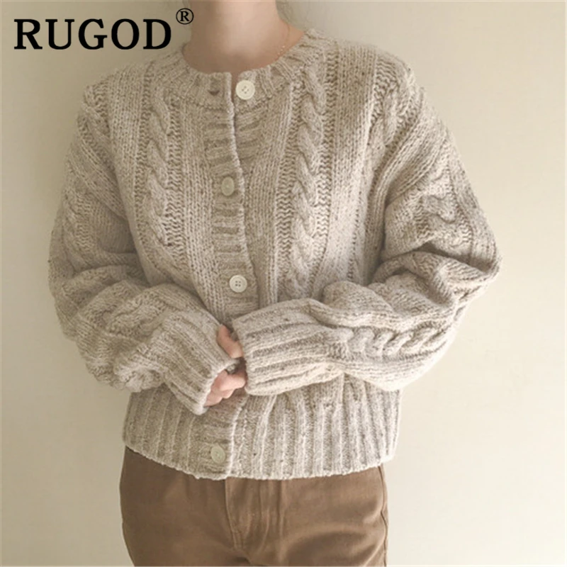 RUGOD элегантный вязаный женский кардиган корейский стиль круглый воротник витая