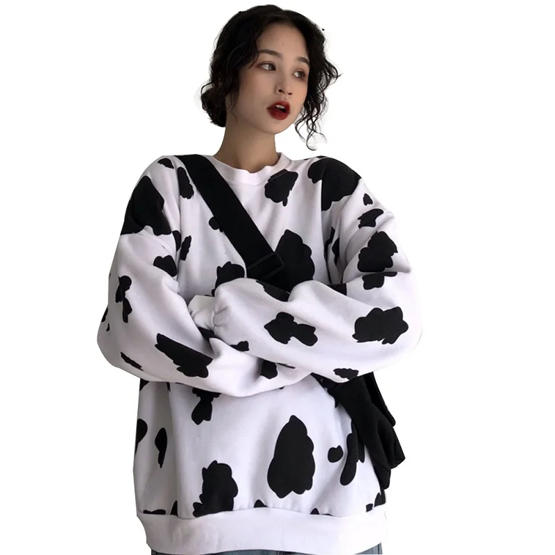 BlackWhite Hoodies Харадзюку Толстовка Женская Осенняя с длинным рукавом Свободный О-образным вырезом теплый пуловер с принтом коровы уличная толстовка женская - Цвет: BlackWhite Hoodies