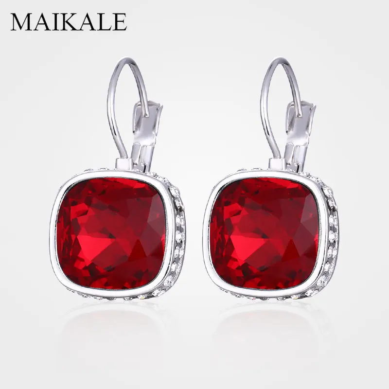 MAIKALE, классические, красные, синие, австрийские кристаллы, висячие серьги, сердце/квадратные стеклянные серебряные серьги для женщин, вечерние ювелирные изделия, женские подарки