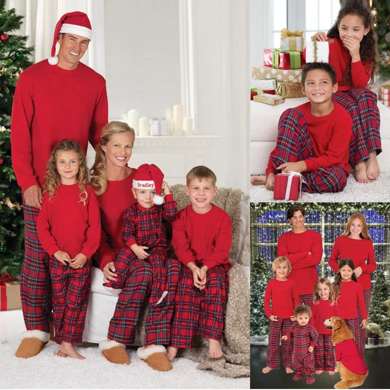 Plaid Christmas Family Matching Pajamas Xmas Mommy and Me Pj's Clothes Set Father Mother Children & Baby's Sleepwear Tops+Pants