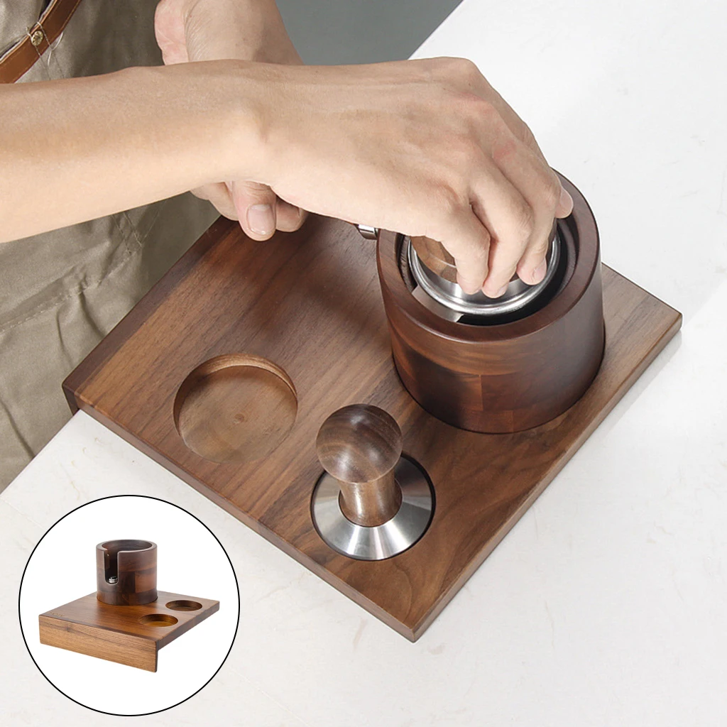 

3-IN-1 Walnut Coffee Tamper Mat Holder Anti-Skid for 58mm Espresso Latte Coffee Portafilter Distributor Stand Home Kitchen