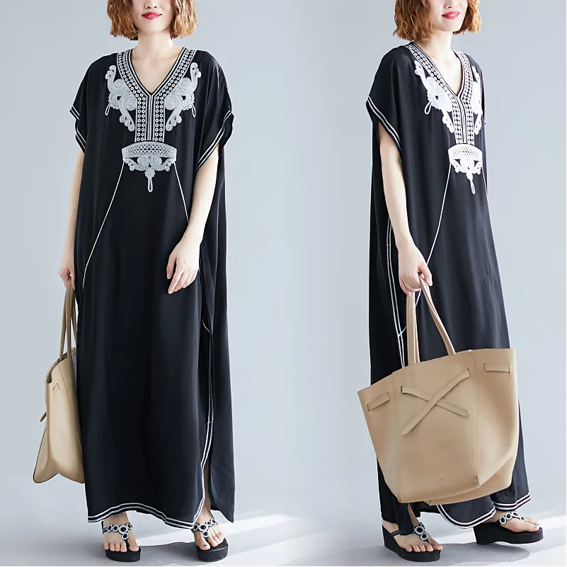 

Women Embroidery Short Sleeve Bikini Swimsuit Cover Up Side Split Beach Kaftan Dress