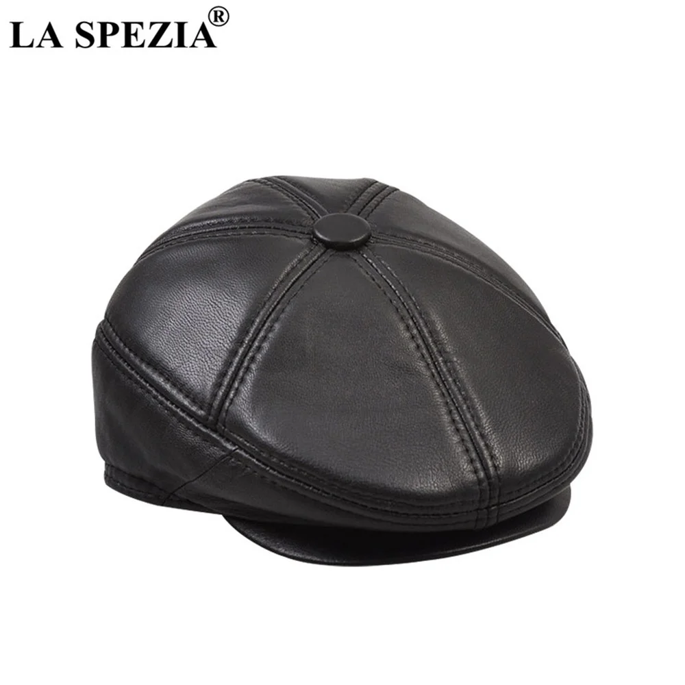 

Real Leather Hat Earflaps Flat Cap Man Black Casual Duckbill Hats Vintage Italian Luxury Genuine Leather Winter Warm Beret