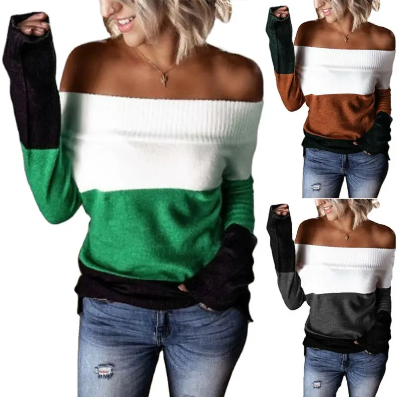 

Womens Off Shoulder Patchwork Jumper Pullover Long Sleeve Sweater Blouse Tops