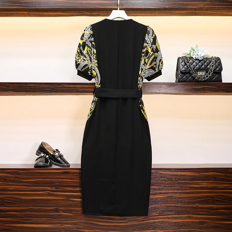 Женское летнее длинное черное платье миди с поясом большого размера плюс