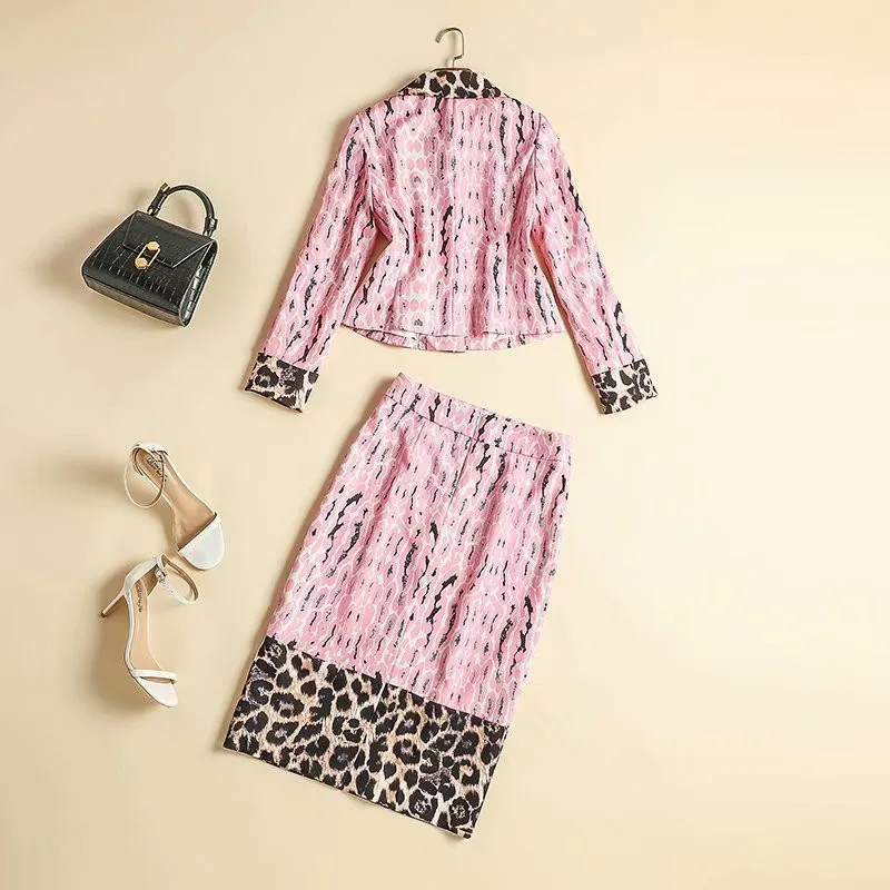 

High Street Fashion Autumn Suit Women New Designer Full Sleeve Leopard Print Jacket Coat Pencil Skirt Two Piece Set Female