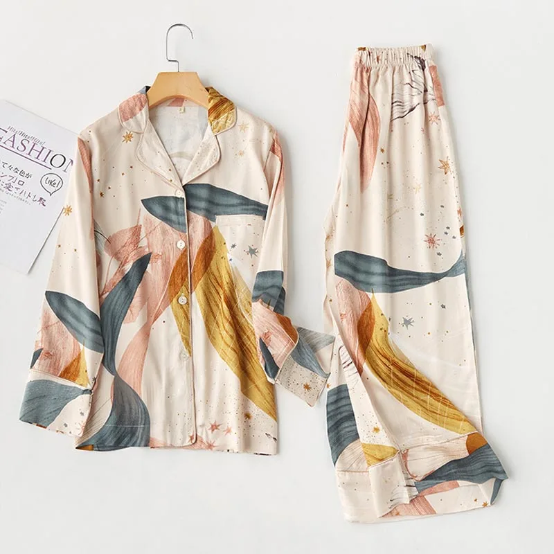 

2021 Spring And Summer Pajamas For Women Sexy Casual Satin Cotton Comfort Pajamas Set 2 Pieces Top Long Sleeve Female Pyjamas