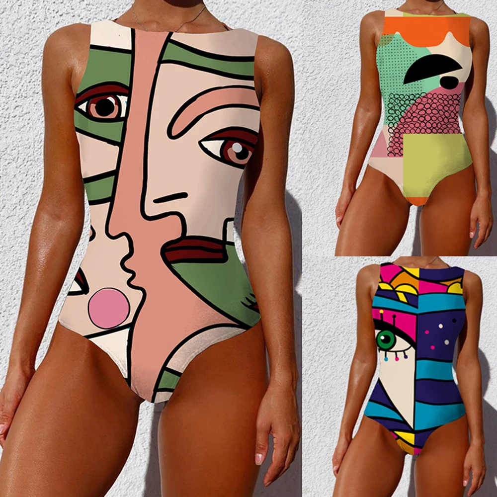 

New 2021 printed cartoon one-piece swimsuit women retro swimsuit women's swimsuit plus size beachwear open back swimwear