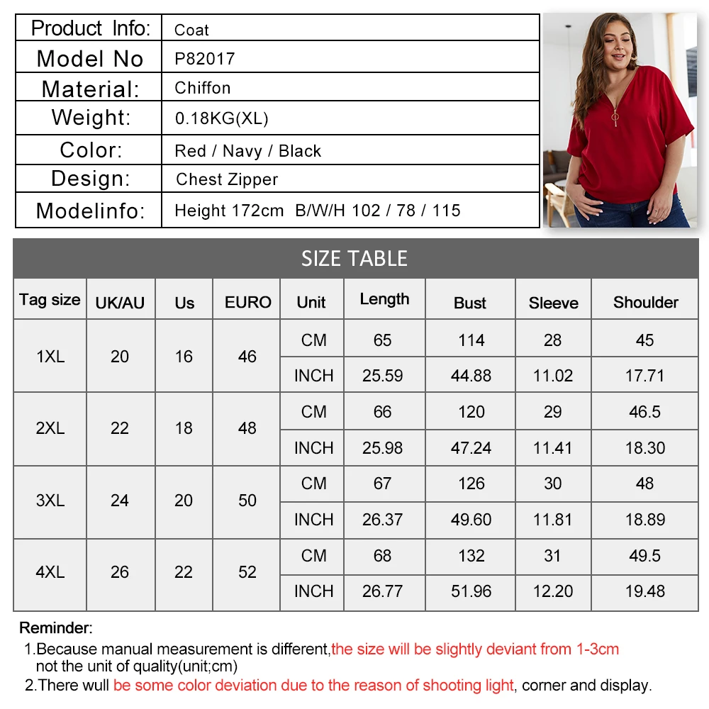 

Plus Size Women Fashion Tops New Product Chiffon Short Sleeve V-Neck Zipper Solid Color Top Fashion Elegant Ladies Tops Summer