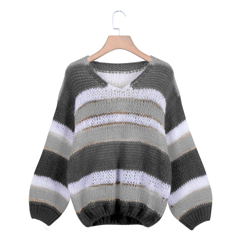 Женский трикотажный пуловер OMCHION Pull Femme повседневный винтажный в полоску с