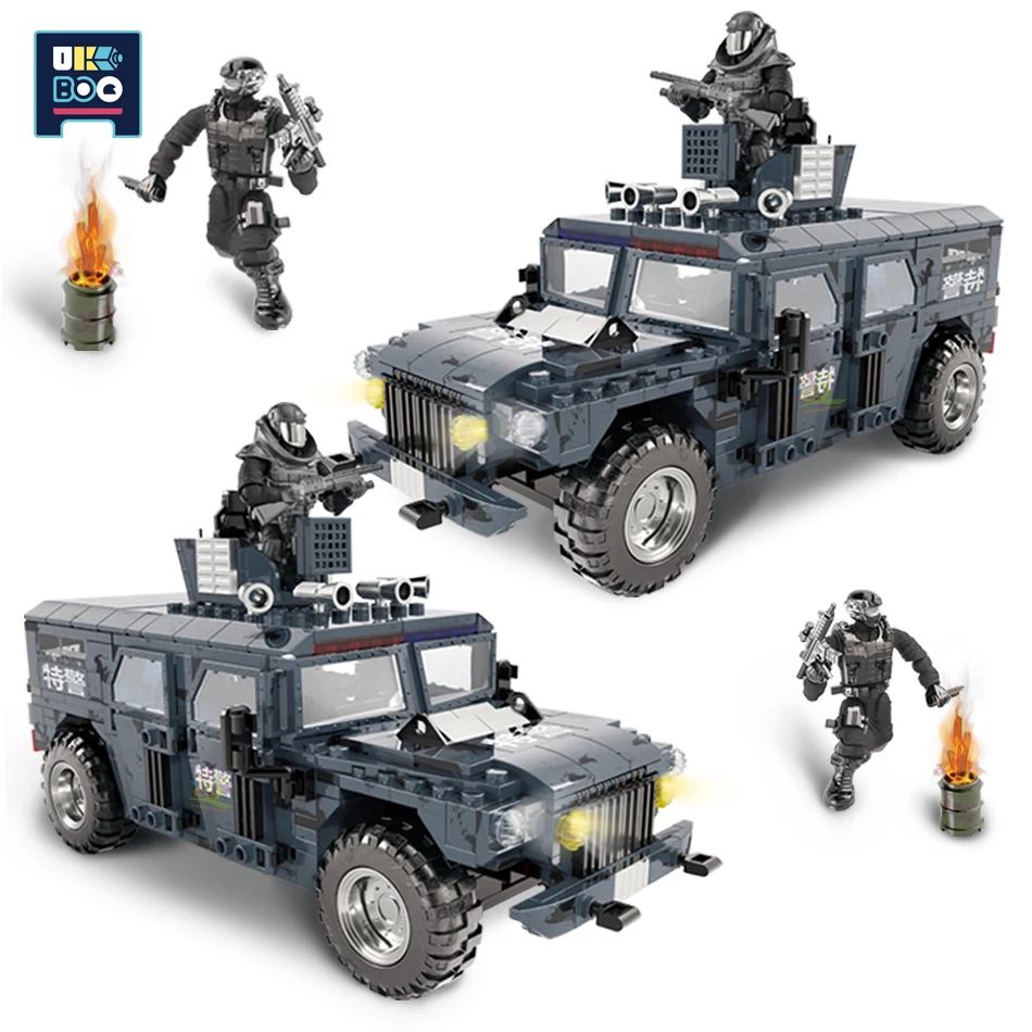 

UKBOO 618PCS City SWAT Army Soldier Truck Military Model Building Blocks Saber-Toothed Tiger Armored Vehicle Weapon Car Toys Kid