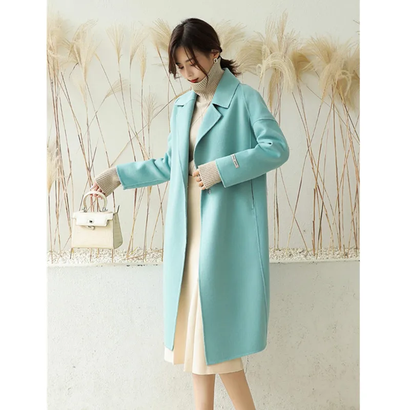 

Двустороннее кашемировое шерстяное пальто, женская длинная куртка, Осень-зима 2023, свободное корейское шерстяное пальто, модная куртка с длинным рукавом