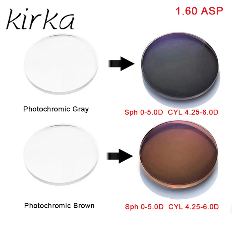 

Фотохромные линзы по рецепту Kirka 1,60, линзы с переходом серого/коричневого цвета, оптические прозрачные антибликовые линзы CYL4.25 для очков от близорукости