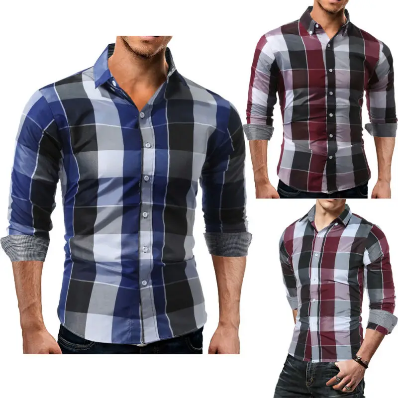 Мужская модная приталенная рубашка в клетку с длинным рукавом и отложным
