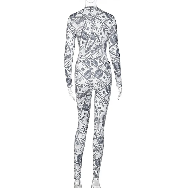 

2021 skinny corset dollar print graphic romper women long sleeve bodycon jumpsuits