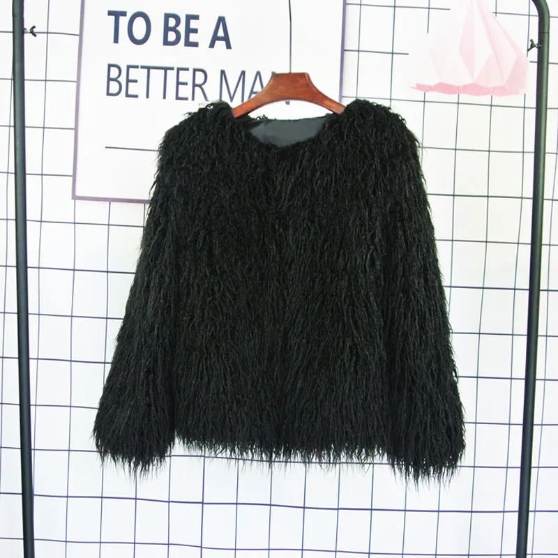 black fur coat Зимняя Элегантная Женская Толстая монгольская овечья куртка из искусственного меха, пальто, новая мода, длинный рукав, плюшевое пальто, трендовая уличная одежда - Цвет: black fur coat