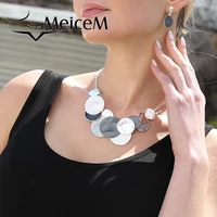 meicem women big circle pendant necklaces for female fashion gray enamel geometric chain choker necklace womens jewelry gifts