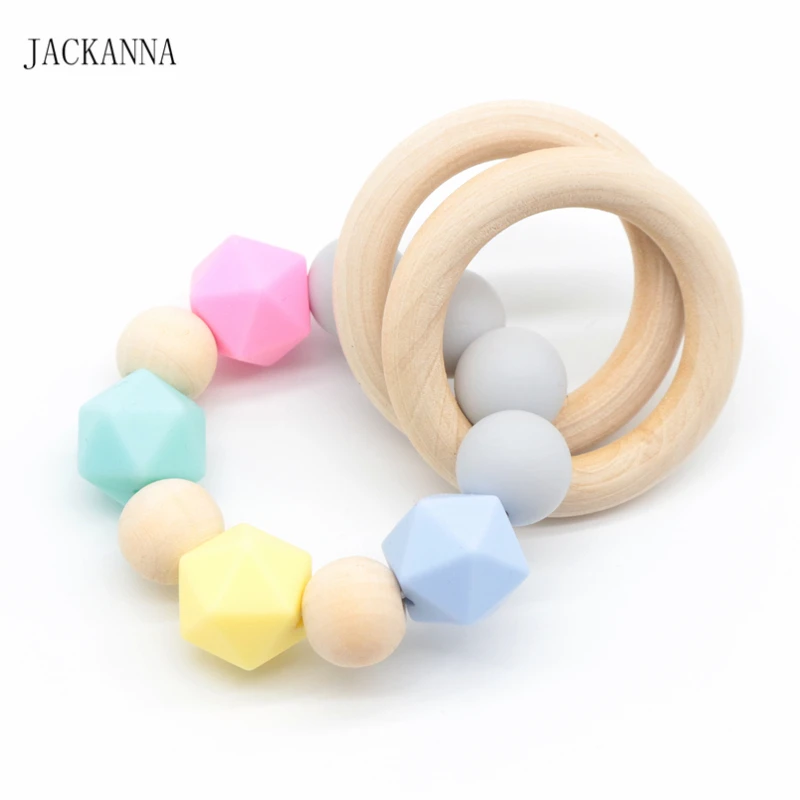 Baby Teether Bracelet Organic Wood Ring Rattle Teething Toy Silicone Beads Nursing Bracelets Chewable Teethers | Мать и ребенок