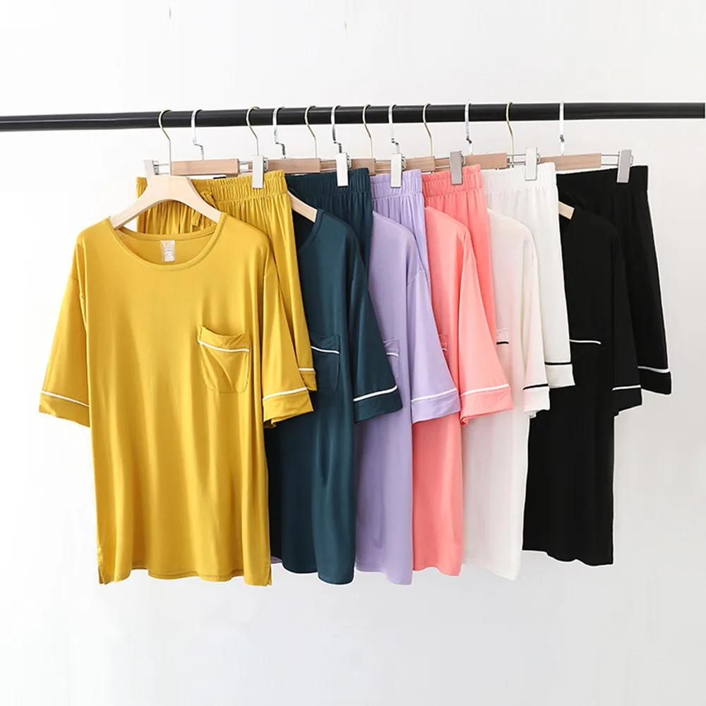 

Fdfklak XL XXL Plus Size Loose Cotton Home Clothes For Women Soft 2 Piece Set Pajamas Summer New Sleepwear Women's Sleep Suit