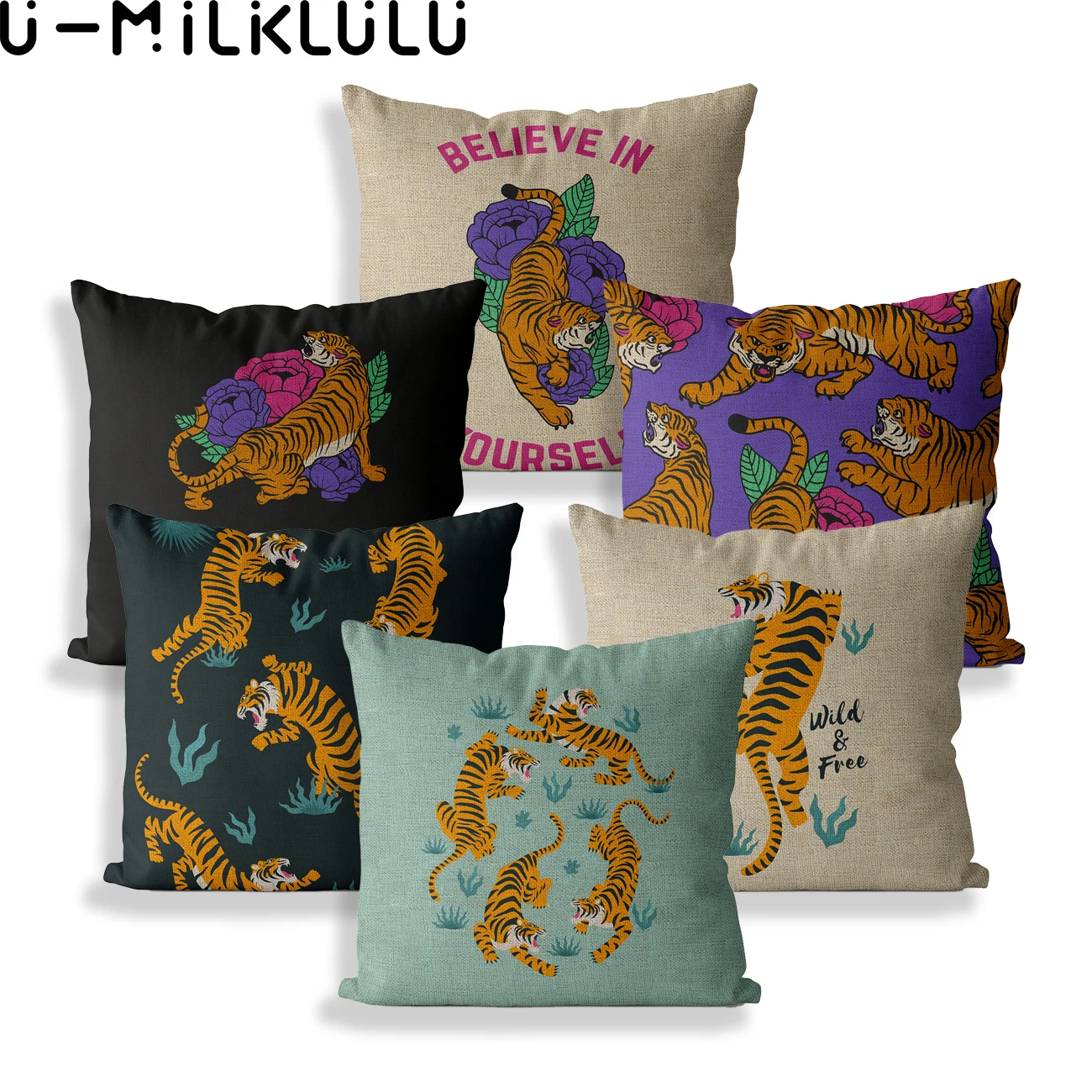 Animal tigre flor travesseiro caso fazenda casa decoração fora almofadas 40*40 45x45 preto verde sofá capa de almofada de linho (0)