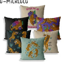 Animal tigre flor travesseiro caso fazenda casa decoração fora almofadas 40*40 45x45 preto verde sofá capa de almofada de linho (3)